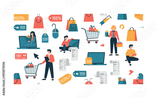 consumer trends visualization seamless pattern, shoppers interacting with products, carts, online shopping icons, price tags, discount labels and receipts