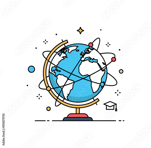 Earth globe on a stand with tiny surrounding stars and orbit lines, depicting global exploration, education, and international connection. Minimalist flat