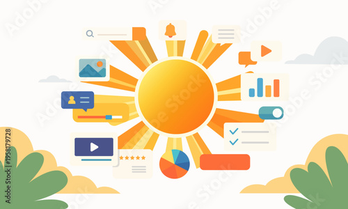 Concept illustration of sun as a central source powering digital ecosystem. 