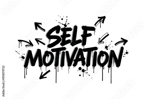 Self Motivation. lettering and all elements in black. Vector style. AWhite background. Pure white background. Perfect isolation and visual consistency. Dynamic
