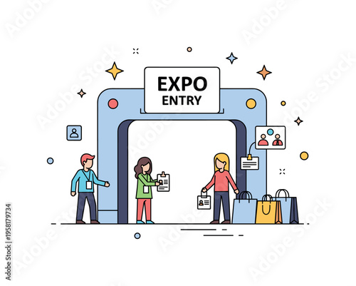 Exhibition registration and welcome entrance arch with a sign reading Expo Entry while visitors approach with badges and event bags. Decorative star icons