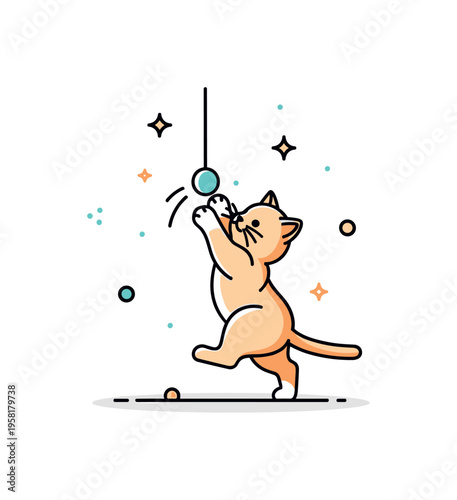 Playful kitten scene featuring a small cat batting at a dangling toy while tiny sparkle accents emphasize motion and curiosity. The composition reflects joyful
