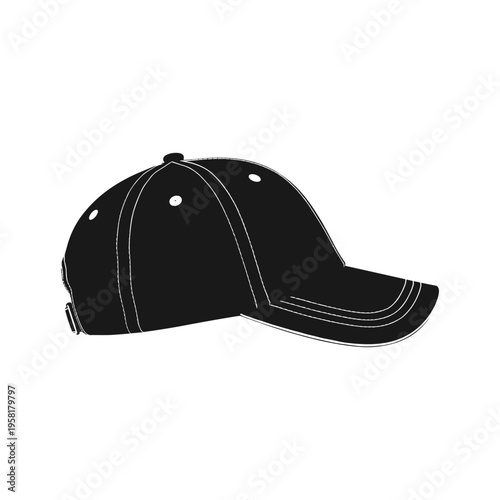A black baseball cap with white stitching