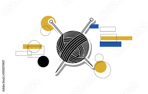 black and white ball of yarn with knitting needles crossing through it, white cut-out outline around objects, geometric circles and rectangular blocks echoing