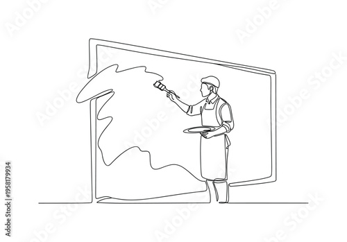 Creative Wall Art. Minimalistic one-line drawing artist applying paint with brush to cover large wall with mural, continuous single black line on white
