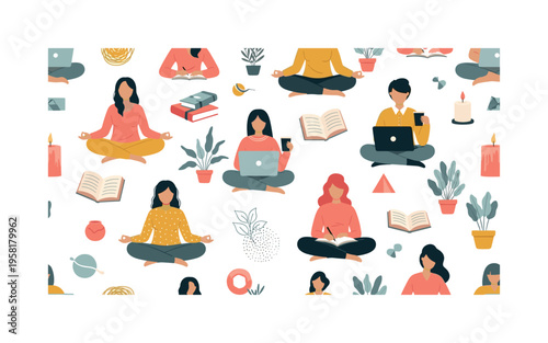 mindful work patterns seamless pattern, entrepreneurs meditating, working on laptops, holding coffee cups, notebooks, plants and calm symbols arranged in a