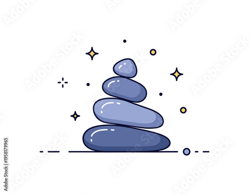 Stone balance sculpture simple stack of smooth stones forming a minimalist natural artwork while tiny decorative sparkles highlight balance and patience.