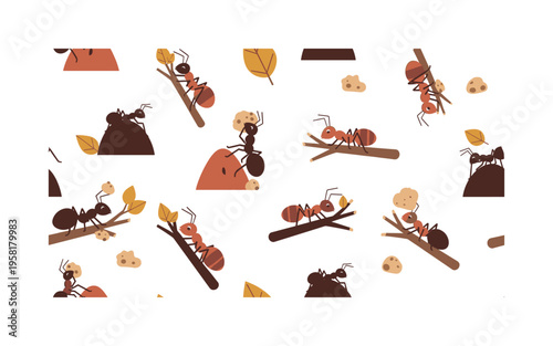 forest ant activity seamless pattern, ants carrying crumbs, climbing twigs, interacting with each other, anthills and leaves arranged in a repeating pattern,