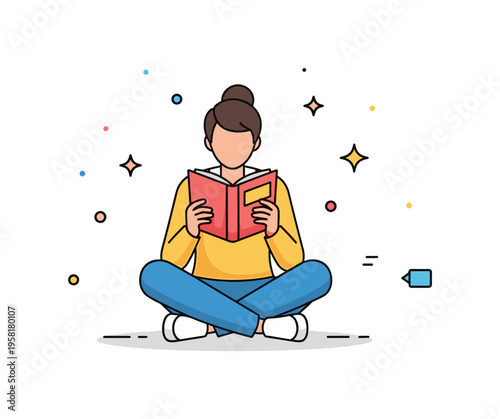 Quiet reading time with a person sitting cross legged while focusing on a book held close to the face. Calm decorative sparkles emphasize concentration and a
