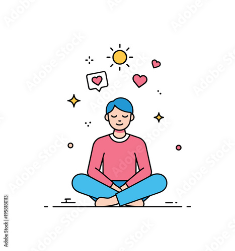 Blissful moment of calm shown through a relaxed human figure sitting peacefully with eyes closed while a small sun and floating heart icons appear above.