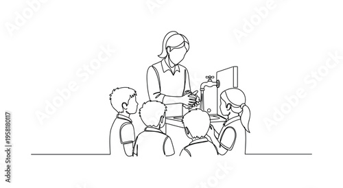 Handwashing Education. Minimalistic one-line drawing teacher demonstrating handwashing steps to students with soap and water, continuous single black line on
