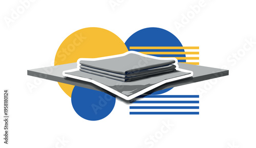 retro style collage of a neatly folded tablecloth placed on dining table, monochrome realistic cloth with white cut-out outline, geometric circles