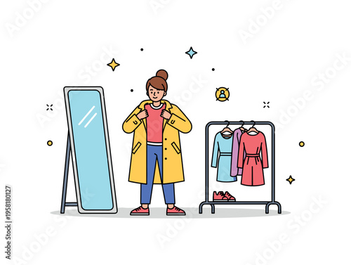 Seasonal outfit fitting person happily trying on a light spring coat while a mirror and small clothing rack appear nearby. Playful concept of updating personal