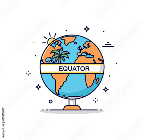 Equator global geography scene with a simple Earth icon marked by a bright band across the middle while tiny sun rays highlight the tropical zone.