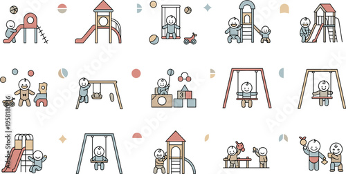 Kids Playground Activities Vector Set with Children Playing on Slides Swings Climbing Frames and Outdoor Play Equipment Illustration.