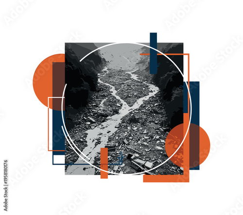 black and white aerial view of mudslide debris covering a valley path, cut-out collage effect with white outline, abstract circular zones and geometric