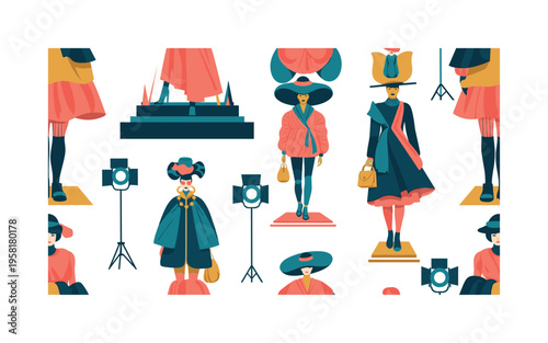 conceptual fashion illustration seamless pattern, models in unconventional garments, experimental fabrics, oversized hats, abstract accessories and runway