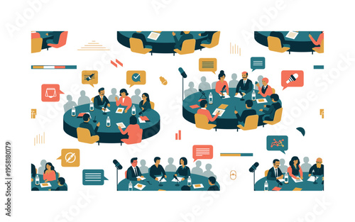 roundtable discussion seamless pattern, panelists, microphones, notes, audience, water bottles and stage elements arranged in a repeating pattern, white