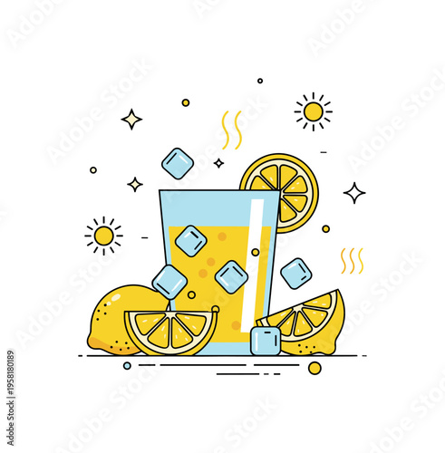 Hot day refreshment with a bright glass of lemon juice surrounded by sliced lemons and small ice cubes. Gentle sun icons reinforce the feeling of cooling down
