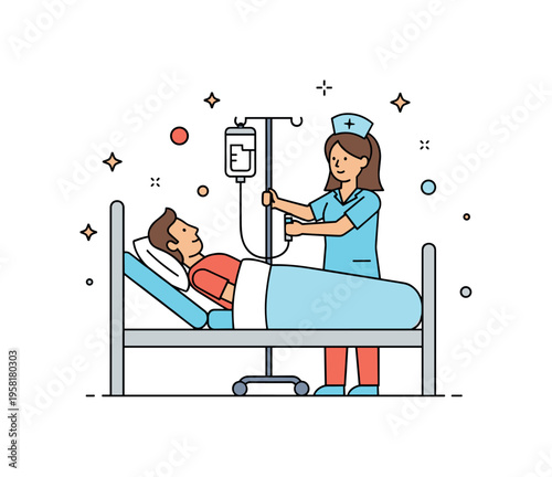 Hospital care and recovery medical assistance scene with a nurse adjusting an IV stand while a patient rests peacefully in bed. The caring moment reflects