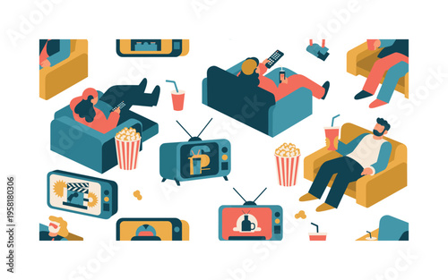 movie night pattern seamless pattern, viewers on couches, popcorn, drinks, remote controls, TV screens and popcorn buckets arranged in a repeating pattern,