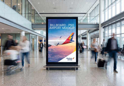 Vertical Billboard In Bright Clean Airport Interior Mockup
