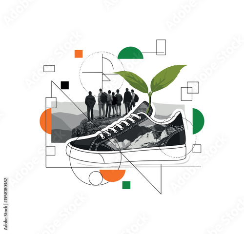 group at scenic overlook, geometric lines circles and abstract blocks illustrating adventure and discovery, black and white retro realistic figures layered