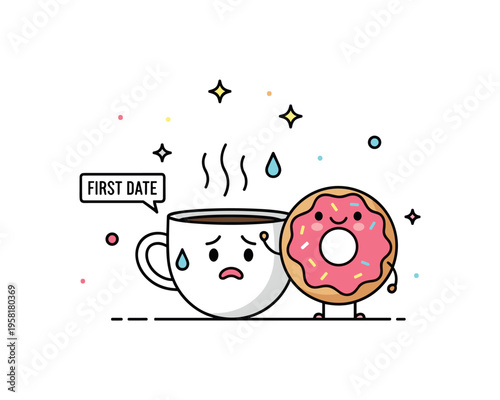 Awkward funny moment small coffee cup nervously sweating while a donut beside it smiles confidently. A tiny label First Date adds a playful and slightly absurd