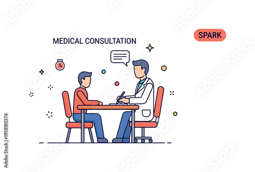Medical consultation prescription doctor seated at a desk writing a prescription while a small patient figure sits across the table. Spark icons emphasize