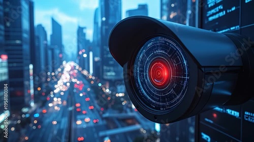 A close-up of a high-tech surveillance camera overlooks a blurred cityscape with lights