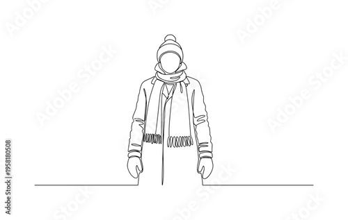 Winter Outfit. Minimalistic one-line drawing figure dressed in scarf, gloves, and heavy coat standing in cold weather, continuous single black line on white