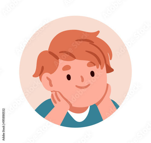 Cute boy, circle face avatar. Smiling happy child, head portrait, round user profile. Preschool kid character, leaning chin on hands. Flat vector illustration isolated on white background