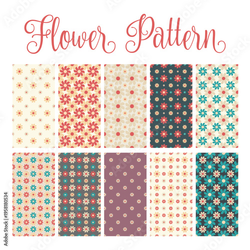 Retro Daisy Flower Pattern Set, Vintage Boho Floral Seamless Background Digital Paper, Groovy Multi Color Daisy Repeat Print, Fabric Textile Surface Pattern Design