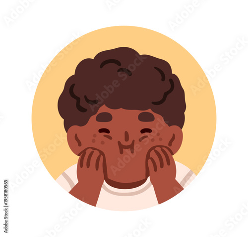 Cute funny kid, round avatar, circle user profile. Black boy child, head portrait with fun grimace, comic face expression, playful emotion. Flat vector illustration isolated on white background