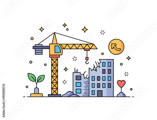 Earthquake recovery rebuilding scene construction crane beside a damaged building with small leaf and renewal icons symbolizing restoration and resilience