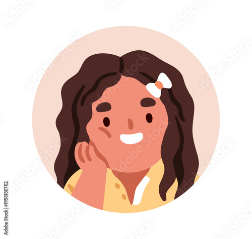 Cute happy girl smiling, round face avatar. Kid character, circle head portrait, user profile. Little child, joyful expression, emotion. Flat vector illustration isolated on white background
