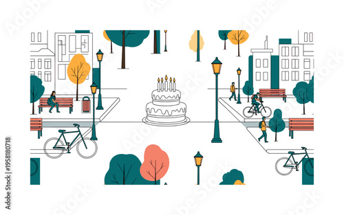 urban streetscape seamless pattern, street lamps, sidewalks, trees, benches, bicycles, pedestrians and city buildings arranged in a repeating pattern, white
