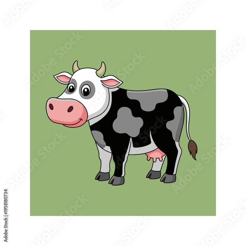 A cartoon cow with a pink nose and black spots
