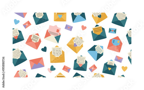 secret messages seamless pattern, whispered confessions, envelopes, letters, hearts, thought bubbles and gentle gestures arranged in a repeating pattern, white