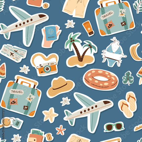 Seamless pattern with travel items. Perfect for packaging, website design, cards and textiles