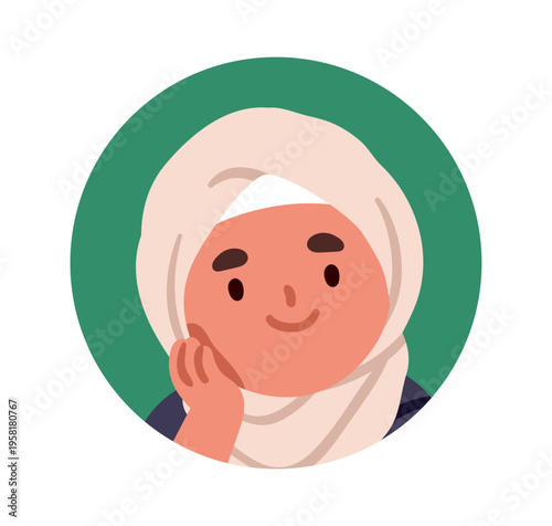 Muslim Arab girl kid smiling, round face avatar. Cute happy child character in headwear, headscarf, circle head portrait, user profile. Flat vector illustration isolated on white background