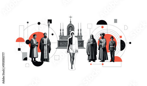 procession toward altar, geometric lines circles and abstract blocks representing tradition and reverence, black and white retro realistic figures layered with