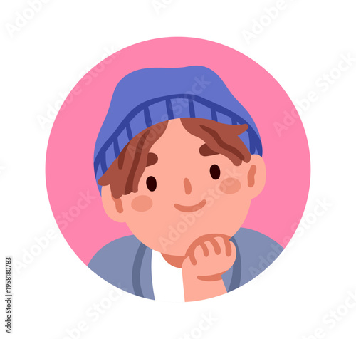 Cute boy, round circle face avatar. Smiling kid in beanie hat, leaning chin on hand, head portrait, user profile. Preschool child character. Flat vector illustration isolated on white background