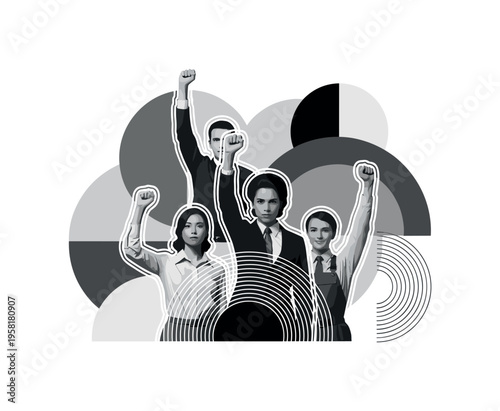employees raising fists, geometric circles semicircles and abstract shapes illustrating empowerment and demand, black and white retro realistic figures layered