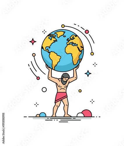 Atlas holding the world powerful mythic figure lifting a round globe overhead while small stars and cosmic lines suggest the burden of the heavens. The