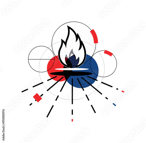 monochrome flame hovering above geometric circles and broken line rays symbolizing flicker energy, white cut-out collage outline, red and deep blue accent