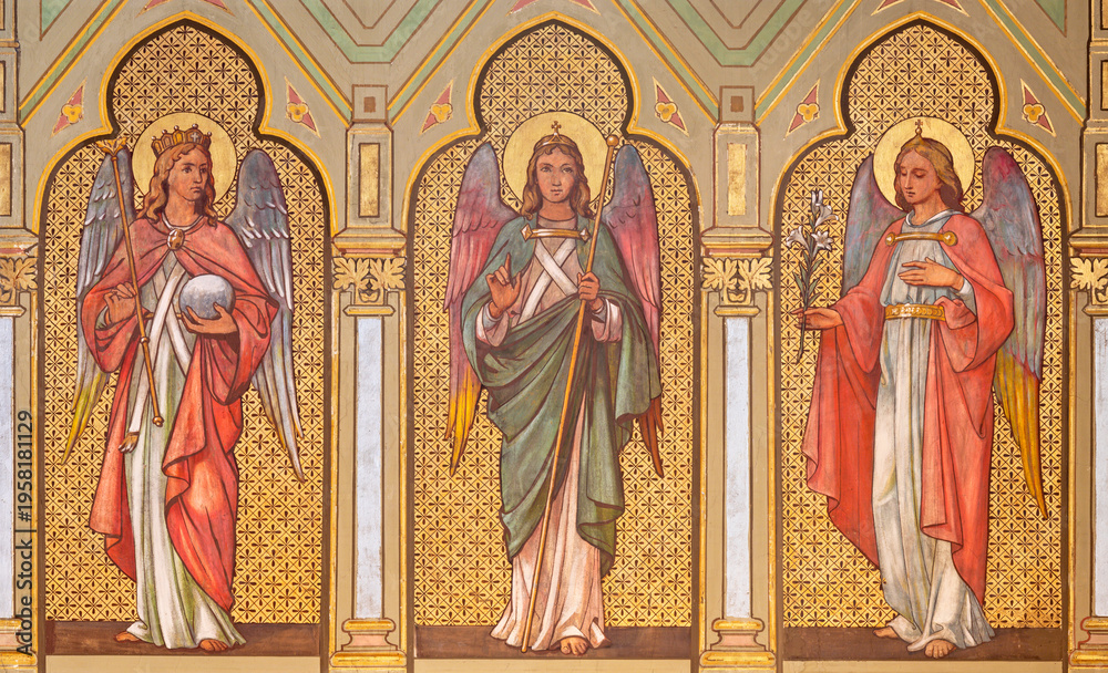 Naklejka premium VIENNA, AUSTIRA - JUNI 17, 2021: The fresco ot Three Archangels - Raphael, Michael and Gabriel in church Marienkirche by unknown artist from end of 19. cent.