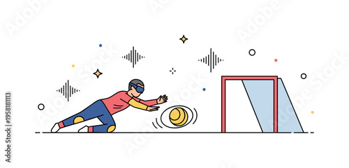 Goalball adaptive team sport moment where a visually impaired athlete dives to block a ringing ball rolling toward a simple goal frame. Small sound wave icons