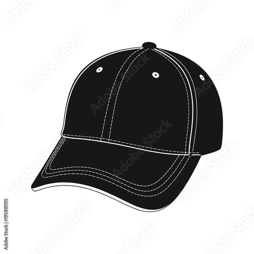 A black baseball cap with white stitching