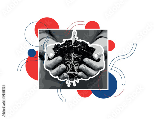 black and white close-up of agronomist hands holding soil and plant roots, cut-out collage edges with white outline, bold geometric circles and abstract line